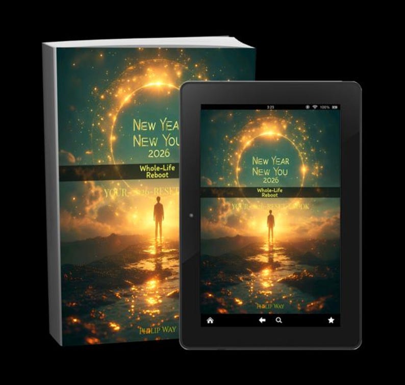 Może przedstawiać: Książka i tablet prezentują okładkę "New Year New You 2026: Whole-Life Reboot". Projekt przedstawia sylwetkę na tle jasnego, złotego światła, z tekstem i niebiańskim pierścieniem. Książka jest po lewej, a tablet po prawej.