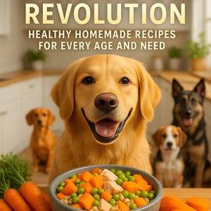 May include: A book cover with the title "The Dog Food Revolution: Healthy Homemade Recipes for Every Age and Need". The cover features a golden retriever dog looking at the camera with a bowl of dog food in front of it. There are other dogs in the background.