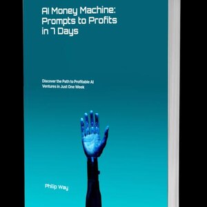 May include: A book titled "AI Money Machine: Prompts to Profits in 7 Days" with a teal cover. The cover features a glowing blue robotic hand reaching upwards. The text "Discover the Path to Profitable AI Ventures in Just One Week" is also visible.