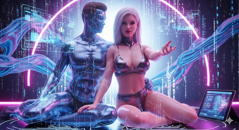 May include: Digital art featuring two figures in a futuristic setting. One figure is a metallic blue humanoid, the other is a woman in silver lingerie. A laptop and glowing neon elements are in the background, creating a sci-fi aesthetic.