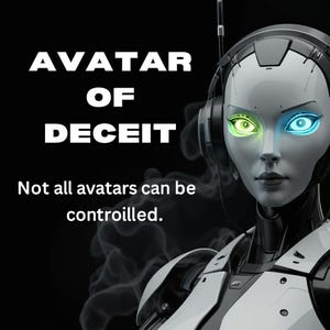 Op de afbeelding: Een futuristische afbeelding van een vrouwelijke andro&iuml;de met gloeiende groene en blauwe ogen. De tekst "AVATAR OF DECEIT" staat boven het hoofd van de andro&iuml;de, met de zin "Not all avatars can be controlled" eronder.