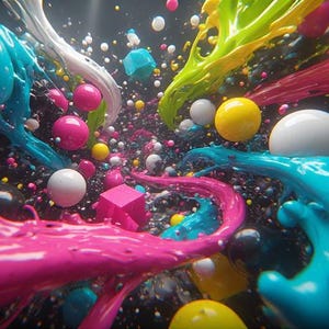 Pu&ograve; includere: Arte digitale astratta con un'esplosione di colori vivaci. Schizzi di vernice rosa acceso, turchese, gialla e bianca si mescolano a sfere e cubi. Lo sfondo &egrave; una texture scura e macchiata.