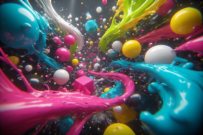 Pu&ograve; includere: Arte digitale astratta con un'esplosione di colori vivaci. Schizzi di vernice rosa acceso, turchese, gialla e bianca si mescolano a sfere e cubi. Lo sfondo &egrave; una texture scura e macchiata.
