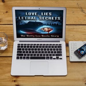K&ouml;nnte beinhalten: Ein Laptop mit dem Buchcover "Love, Lies and Lethal Secrets" steht auf einer Holzoberfl&auml;che. Ein Glas Wasser, ein Smartphone und ein Notizbuch sind ebenfalls vorhanden. Das Smartphone zeigt dasselbe Buchcover.