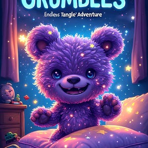 May include: A whimsical illustration features a purple teddy bear with glowing accents, smiling on a pillow. The text "Glow-in the Dark GRUMBLES" and "Endless Tangle Adventure" are displayed above and below the bear, respectively. The background is a starry night scene.