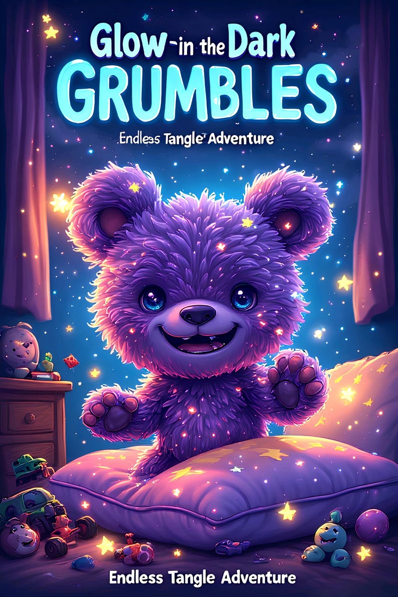 May include: A whimsical illustration features a purple teddy bear with glowing accents, smiling on a pillow. The text "Glow-in the Dark GRUMBLES" and "Endless Tangle Adventure" are displayed above and below the bear, respectively. The background is a starry night scene.