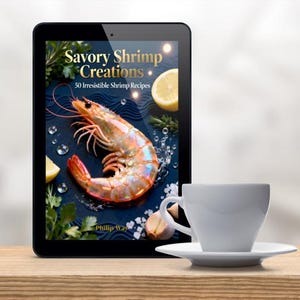 May include: A digital tablet displays the cover of "Savory Shrimp Creations," featuring a large shrimp with lemon and herbs. A white coffee cup and saucer sit on a wooden surface, beside the tablet. The book cover text reads "50 Irresistible Shrimp Recipes."