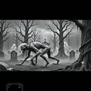 May include: A black and white digital illustration of a gaunt, skeletal creature with sharp dorsal spines crouching in a misty graveyard. The scene features bare, gnarled trees, weathered tombstones, and several translucent, floating ghost figures.