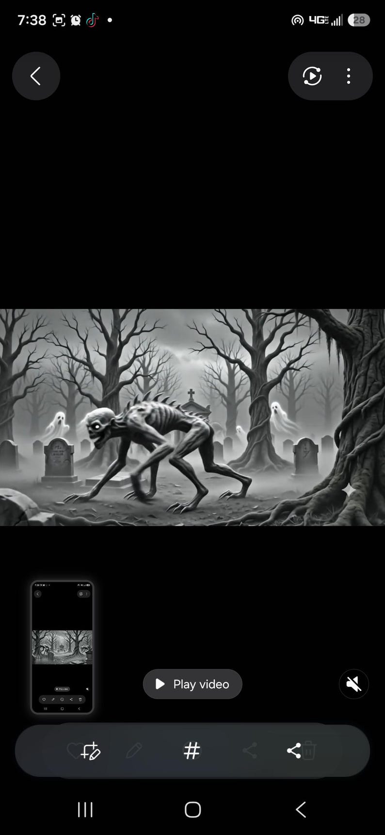 May include: A black and white digital illustration of a gaunt, skeletal creature with sharp dorsal spines crouching in a misty graveyard. The scene features bare, gnarled trees, weathered tombstones, and several translucent, floating ghost figures.