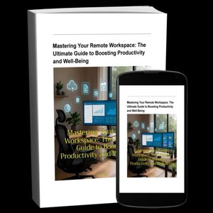 Puede incluir: Un libro y un smartphone muestran el título "Mastering Your Remote Workspace: The Ultimate Guide to Boosting Productivity and Well-Being." El libro y el teléfono muestran una oficina en casa.