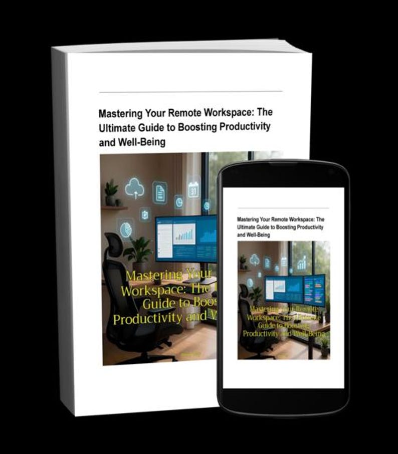 K&ouml;nnte beinhalten: Ein Buch und ein Smartphone zeigen den Titel "Mastering Your Remote Workspace: The Ultimate Guide to Boosting Productivity and Well-Being." Das Buch und das Telefon zeigen ein Home-Office-Setup.