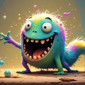 Op de afbeelding: Een grillig cartoonmonster met een grote open mond, grote witte ogen en kleurrijke vacht in tinten blauw, groen, paars en geel. Het wezen is omgeven door kleurrijke zwevende vormen, wat een speelse en fantasierijke sc&egrave;ne cre&euml;ert.