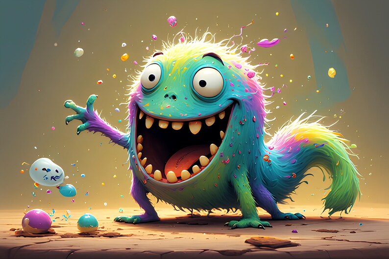 Op de afbeelding: Een grillig cartoonmonster met een grote open mond, grote witte ogen en kleurrijke vacht in tinten blauw, groen, paars en geel. Het wezen is omgeven door kleurrijke zwevende vormen, wat een speelse en fantasierijke sc&egrave;ne cre&euml;ert.