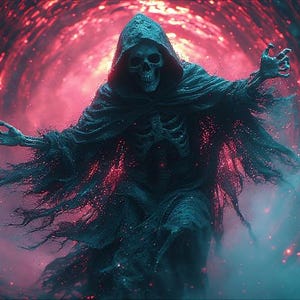 Puede incluir: Arte digital de una figura esquel&eacute;tica con una capa oscura con capucha, con los brazos extendidos. La figura se encuentra sobre un fondo arremolinado rojo y azul, creando una escena dram&aacute;tica y et&eacute;rea. La obra evoca temas de fantas&iacute;a y lo sobrenatural.