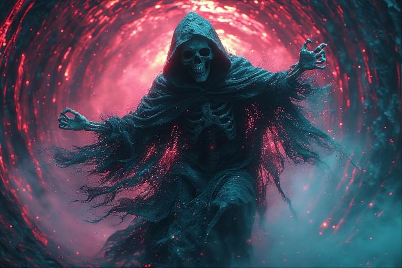 Puede incluir: Arte digital de una figura esquel&eacute;tica con una capa oscura con capucha, con los brazos extendidos. La figura se encuentra sobre un fondo arremolinado rojo y azul, creando una escena dram&aacute;tica y et&eacute;rea. La obra evoca temas de fantas&iacute;a y lo sobrenatural.