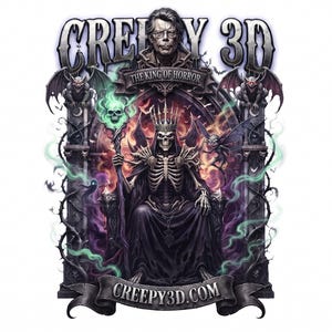 Pu&ograve; includere: Un design grafico che raffigura un re scheletro con corona e vesti nere, seduto su un trono. Sopra c'&egrave; il ritratto di un uomo con il testo CREEPY 3D THE KING OF HORROR. La scena include gargoyle, fiamme verdi e uno stendardo con la scritta CREEPY3D.COM.