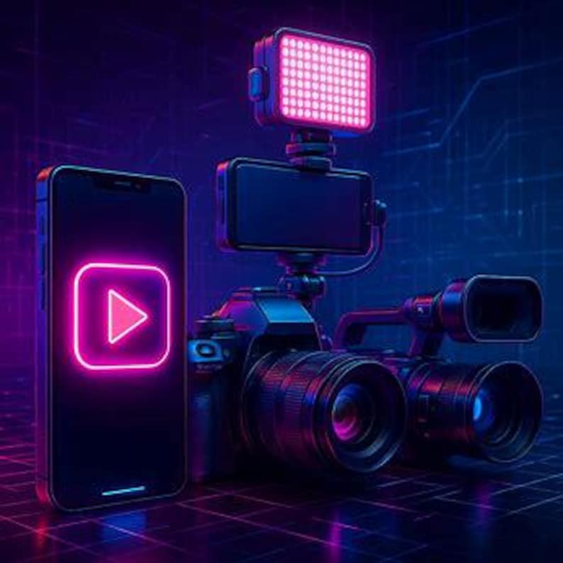 May include: A digital camera with a mounted LED light and a smartphone displaying a neon pink play button. The camera has a large lens and is set against a dark, grid-patterned background with blue and purple lighting.