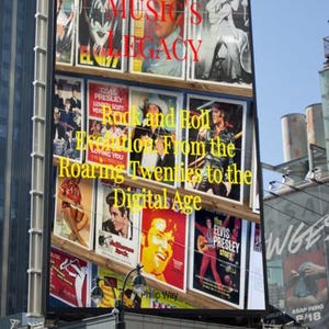 K&ouml;nnte beinhalten: Eine gro&szlig;e Werbetafel zeigt Vintage-Musikplakate mit Elvis Presley und anderen Rock'n'Roll-Legenden. Der Text lautet "Music's Legacy: Rock and Roll Evolution From the Roaring Twenties to the Digital Age."