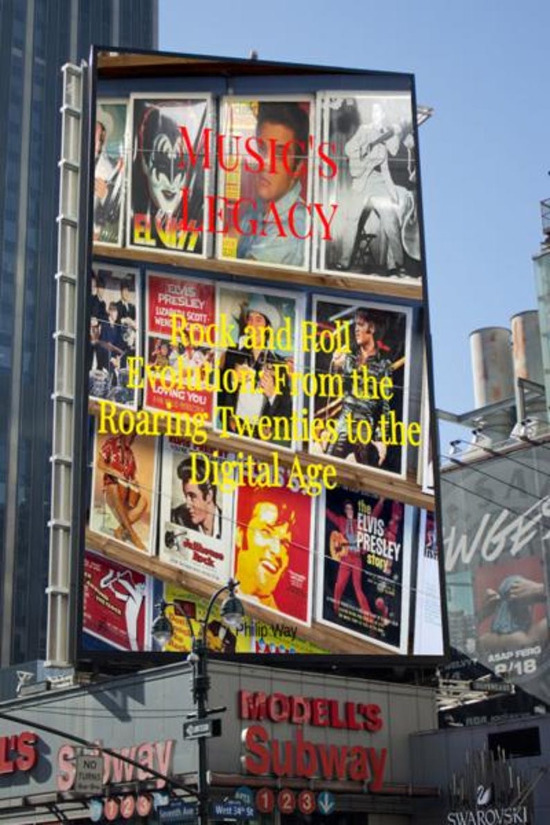 K&ouml;nnte beinhalten: Eine gro&szlig;e Werbetafel zeigt Vintage-Musikplakate mit Elvis Presley und anderen Rock'n'Roll-Legenden. Der Text lautet "Music's Legacy: Rock and Roll Evolution From the Roaring Twenties to the Digital Age."
