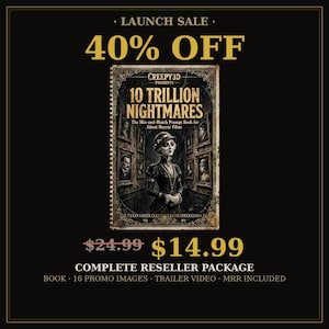 May include: A spiral-bound book titled 10 Trillion Nightmares, The Mix-and-Match Prompt Book for Silent Horror Films by Creepy3D. The cover features a central illustration of a figure in a dark dress and hat, surrounded by framed portraits.