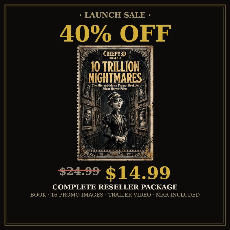 May include: A spiral-bound book titled 10 Trillion Nightmares, The Mix-and-Match Prompt Book for Silent Horror Films by Creepy3D. The cover features a central illustration of a figure in a dark dress and hat, surrounded by framed portraits.
