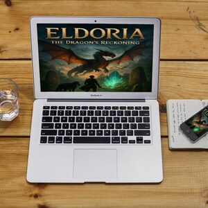 Op de afbeelding: Een laptop toont "ELDORIA The Dragon's Reckoning" met een drakenillustratie. Een smartphone en notitieboek liggen ernaast. Een glas water staat links. De items liggen op een houten oppervlak.