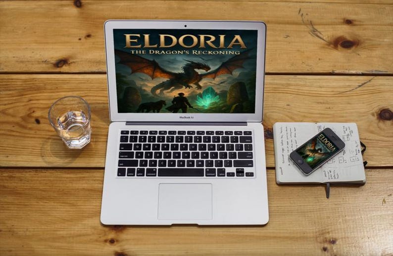 Op de afbeelding: Een laptop toont "ELDORIA The Dragon's Reckoning" met een drakenillustratie. Een smartphone en notitieboek liggen ernaast. Een glas water staat links. De items liggen op een houten oppervlak.