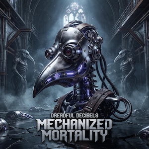 May include: A mechanical plague doctor mask featuring metallic gears, wires, and glowing purple accents. The text DREADFUL DECIBELS MECHANIZED MORTALITY is displayed below the mask, which is set against a dark, gothic architectural background.