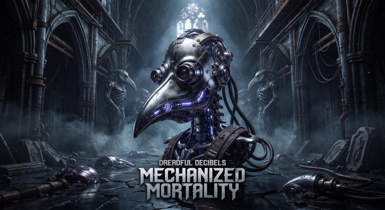 May include: A mechanical plague doctor mask featuring metallic gears, wires, and glowing purple accents. The text DREADFUL DECIBELS MECHANIZED MORTALITY is displayed below the mask, which is set against a dark, gothic architectural background.