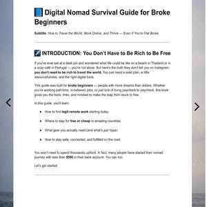 Op de afbeelding: Een digitale gids getiteld "Digital Nomad Survival Guide for Broke Beginners". De ondertitel van de gids is "How to Travel the World, Work Online, and Thrive - Even if You're Flat Broke". De gids behandelt werken op afstand, reizen en financi&euml;le tips.