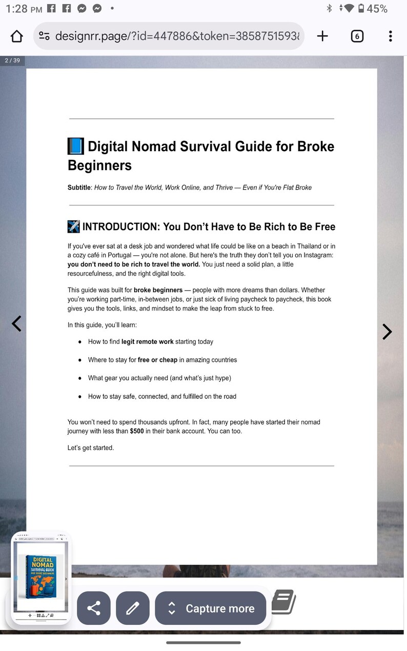 Op de afbeelding: Een digitale gids getiteld "Digital Nomad Survival Guide for Broke Beginners". De ondertitel van de gids is "How to Travel the World, Work Online, and Thrive - Even if You're Flat Broke". De gids behandelt werken op afstand, reizen en financi&euml;le tips.