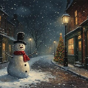 May include: A winter scene painting of a snowman in a black top hat and red scarf, standing on a snow-covered street. Buildings with lit windows line the street, and a decorated Christmas tree stands nearby. Snow is falling.