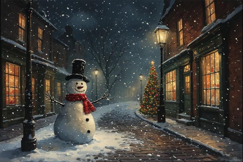 May include: A winter scene painting of a snowman in a black top hat and red scarf, standing on a snow-covered street. Buildings with lit windows line the street, and a decorated Christmas tree stands nearby. Snow is falling.