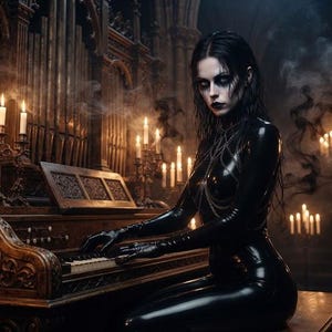 May include: A person with dark hair and makeup wearing a black latex bodysuit playing a large wooden pipe organ. The scene is illuminated by numerous white candles in metal holders, with wisps of smoke drifting through the dark, ornate interior.