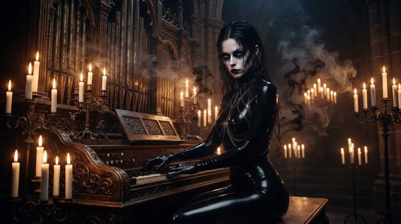 May include: A person with dark hair and makeup wearing a black latex bodysuit playing a large wooden pipe organ. The scene is illuminated by numerous white candles in metal holders, with wisps of smoke drifting through the dark, ornate interior.