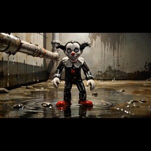 Op de afbeelding: Een clownfiguur met een wit gezicht, rode neus en brede grijns, gekleed in een zwart-wit gestreepte outfit met een geplooide kraag en rode knopen. Het figuur heeft zwart haar en rode schoenen en staat in een ondiepe plas water op de vloer.