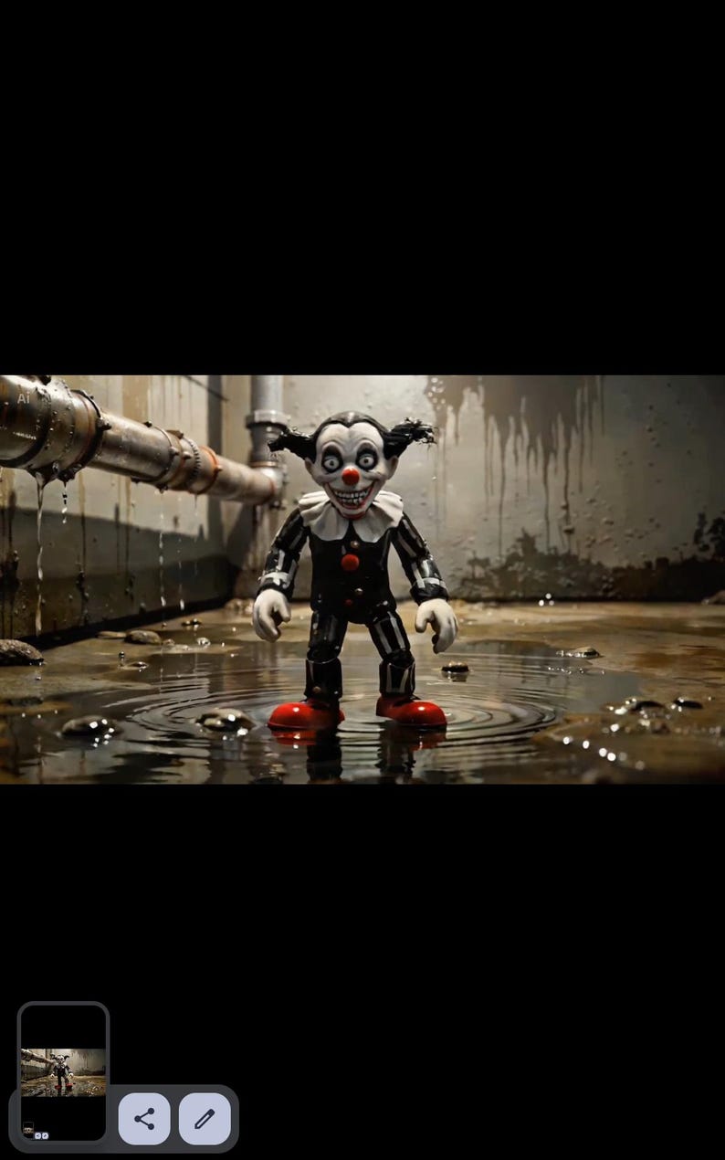 Op de afbeelding: Een clownfiguur met een wit gezicht, rode neus en brede grijns, gekleed in een zwart-wit gestreepte outfit met een geplooide kraag en rode knopen. Het figuur heeft zwart haar en rode schoenen en staat in een ondiepe plas water op de vloer.