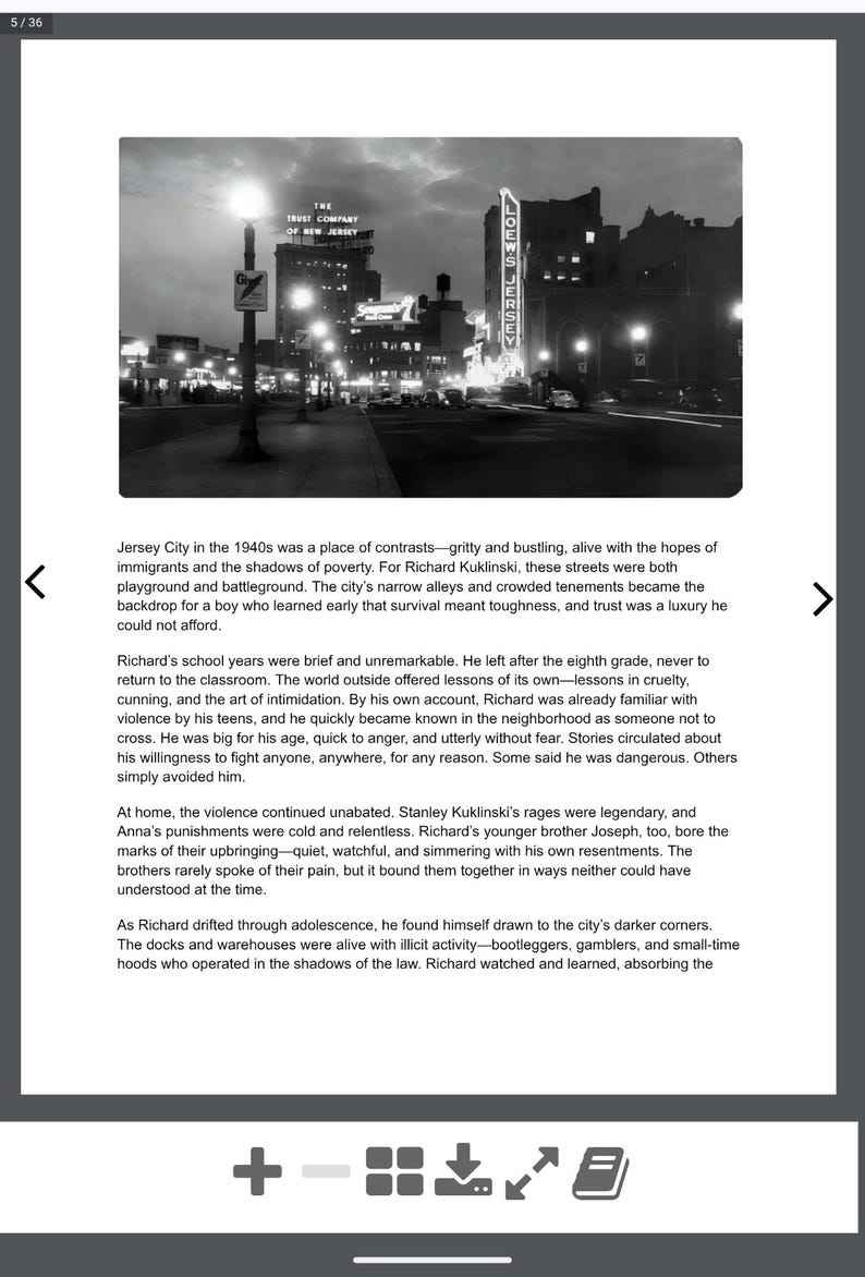 May include: A black and white photograph depicting a street scene in Jersey City, New Jersey, in the 1940s. The image shows buildings, streetlights, and a sign for Loew's Jersey Theater.
