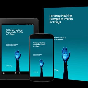 May include: An image featuring a tablet, smartphone, and a book, all displaying the title "AI Money Machine: Prompts to Profits in 7 Days." Each device shows a blue hand reaching up. The book has a teal cover with white text.