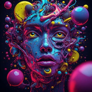 May include: Digital artwork of a face in a psychedelic style, with a mix of blue, purple, and pink hues. The eyes are bright yellow. The image includes abstract shapes and floating orbs, creating a surreal and vibrant effect.
