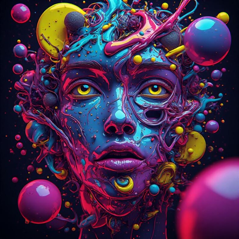 May include: Digital artwork of a face in a psychedelic style, with a mix of blue, purple, and pink hues. The eyes are bright yellow. The image includes abstract shapes and floating orbs, creating a surreal and vibrant effect.