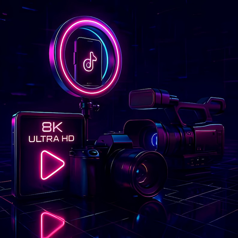 May include: A digital media setup with a neon ring light, a smartphone displaying a social media logo, a camera, and a video camera. A display reads "8K ULTRA HD" with a play button.