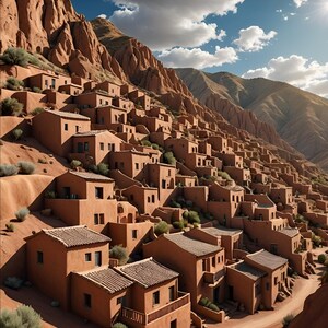 May include: A village of small, brown, adobe-style houses built into a hillside. The houses are clustered together and have flat roofs. The hillside is a reddish-brown color and is covered in sparse vegetation. The sky is blue and there are white clouds.