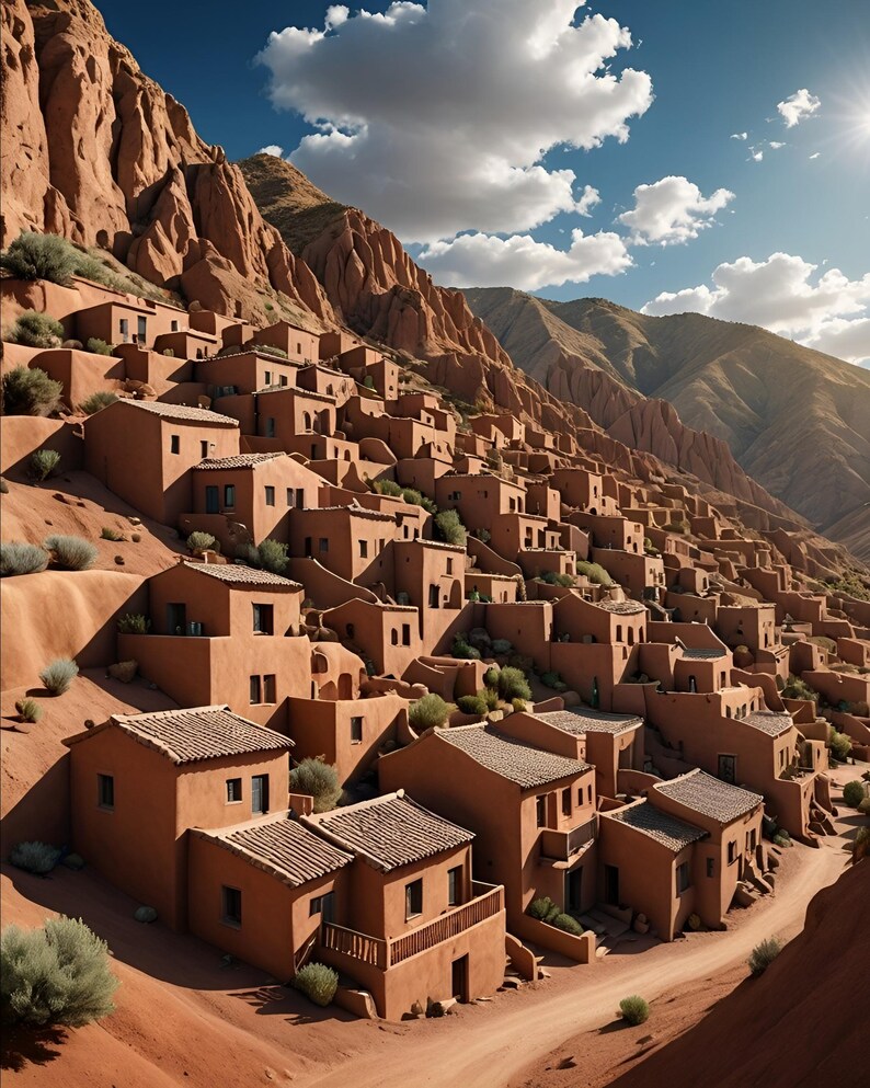 May include: A village of small, brown, adobe-style houses built into a hillside. The houses are clustered together and have flat roofs. The hillside is a reddish-brown color and is covered in sparse vegetation. The sky is blue and there are white clouds.