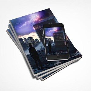 Peut inclure: Une pile de livres avec une conception de couverture repr&eacute;sentant un paysage urbain et un orage. Un smartphone est pos&eacute; dessus, affichant une image similaire. Les livres et le t&eacute;l&eacute;phone pr&eacute;sentent une silhouette d'une personne. Le texte sur le t&eacute;l&eacute;phone indique "Extended Unanswered The New Cosmological Theories of M.C.L.I."