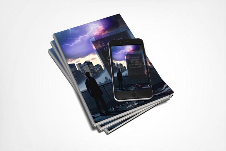 Peut inclure: Une pile de livres avec une conception de couverture repr&eacute;sentant un paysage urbain et un orage. Un smartphone est pos&eacute; dessus, affichant une image similaire. Les livres et le t&eacute;l&eacute;phone pr&eacute;sentent une silhouette d'une personne. Le texte sur le t&eacute;l&eacute;phone indique "Extended Unanswered The New Cosmological Theories of M.C.L.I."