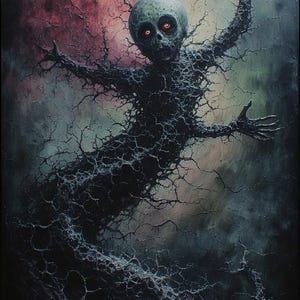 May include: A dark, textured painting of a skeletal figure with a pale green skull and glowing red eyes. The figure's body is formed by intricate, dark, web-like patterns against a moody, multi-colored background.