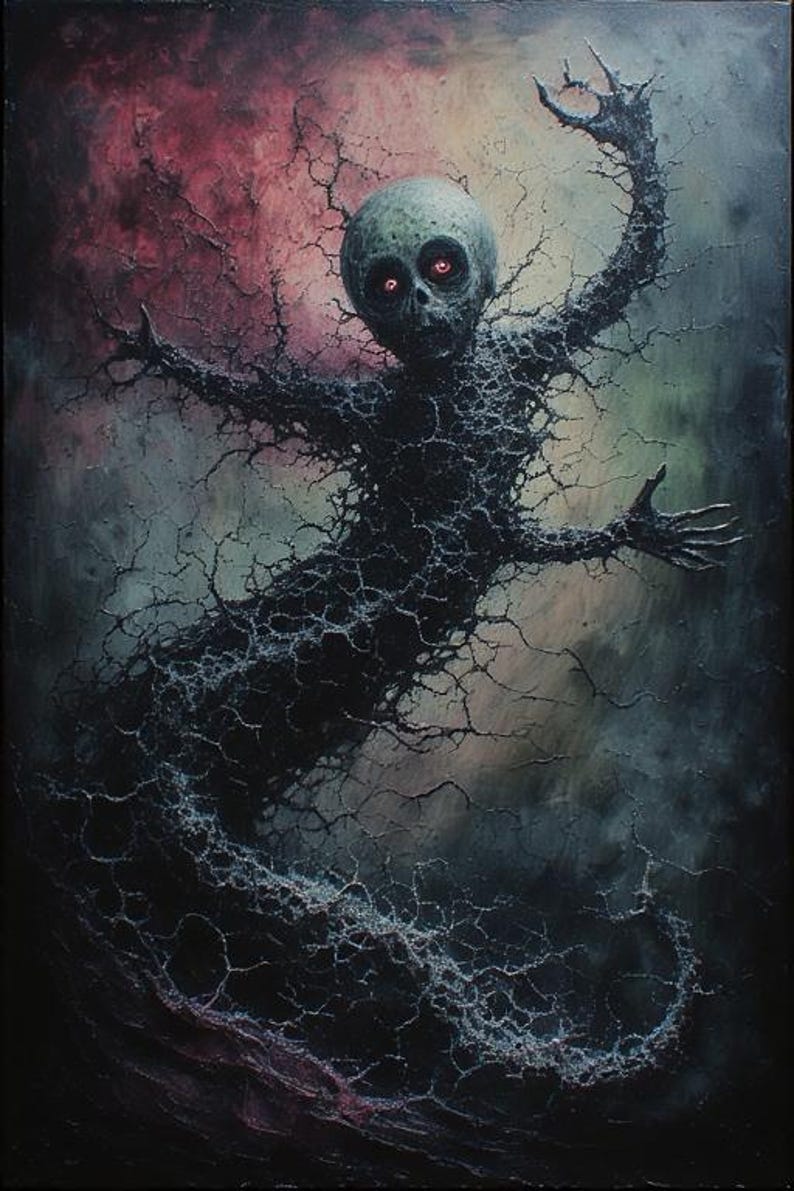 May include: A dark, textured painting of a skeletal figure with a pale green skull and glowing red eyes. The figure's body is formed by intricate, dark, web-like patterns against a moody, multi-colored background.