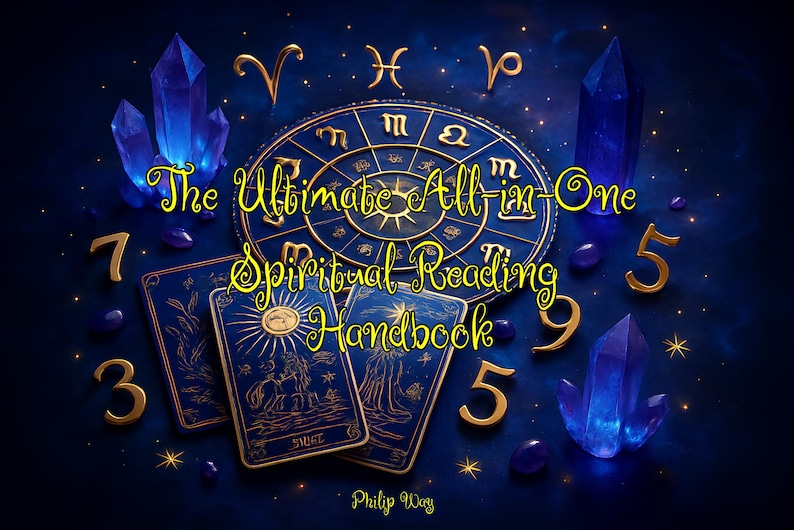 Op de afbeelding: Een afbeelding met een donkerblauwe achtergrond en gouden accenten. De tekst luidt "The Ultimate All-in-One Spiritual Reading Handbook". Tarotkaarten, kristallen en dierenriemtekens zijn ook aanwezig. De naam van de auteur is Philip Way.