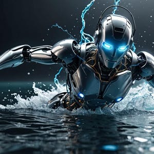 K&ouml;nnte beinhalten: Ein silberner Roboter mit blau leuchtenden Augen schwimmt durch das Wasser. Der Roboter tr&auml;gt ein Headset und hat ein elegantes, futuristisches Design.